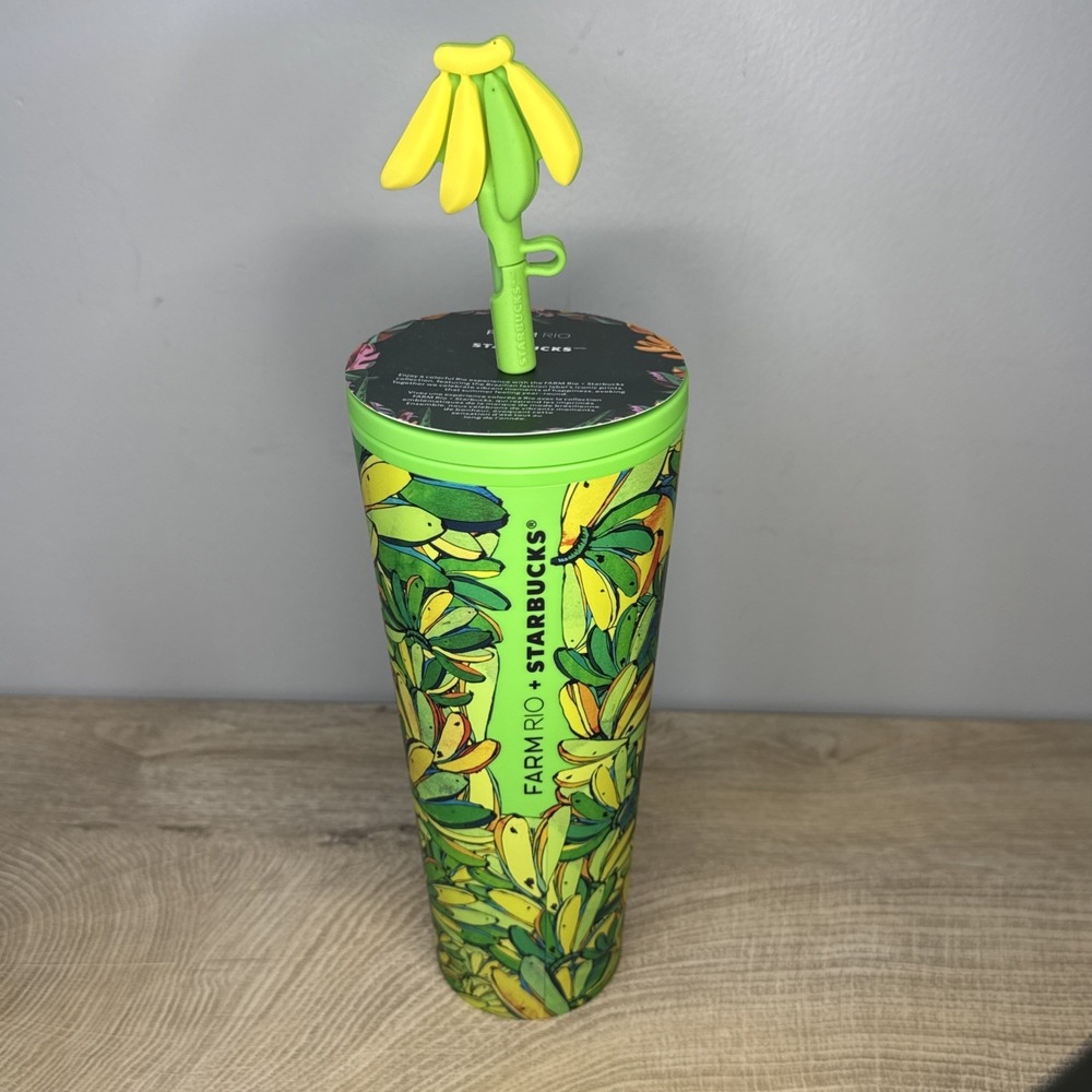 Starbucks FARM Rio Tumbler 24oz Venti Banana Floral Flower Straw Yellow Green